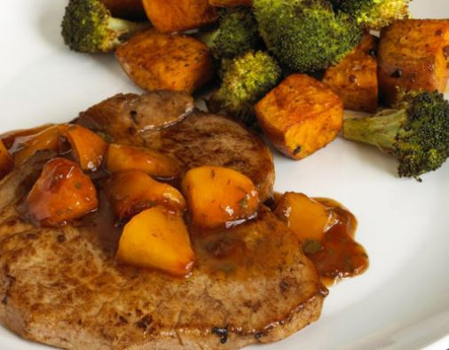 Pork Chops with Balsamic-Peach Glaze, Roasted Sweet Potatoes and Broccoli